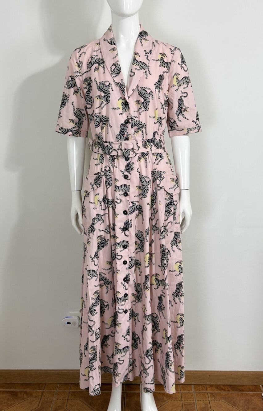 eShakti Women’s Tiger Print Maxi Shirt Dress Belted Safari Cotton Pockets Size M